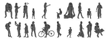 Vektör illüstrasyonu, insanların ana hatları, Contour çizimi, insanların silueti, ikon kümesi izole edilmiş, oturan insanların silueti, mimari set