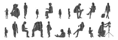 Vektör illüstrasyonu, insanların ana hatları, Contour çizimi, insanların silueti, ikon kümesi izole edilmiş, oturan insanların silueti, mimari set