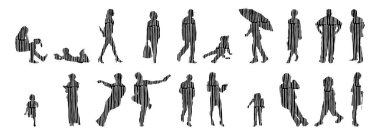 Vektör illüstrasyonu, insanların ana hatları, Contour çizimi, insanların silueti, ikon kümesi izole edilmiş, oturan insanların silueti, mimari set