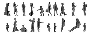 Vektör illüstrasyonu, insanların ana hatları, Contour çizimi, insanların silueti, ikon kümesi izole edilmiş, oturan insanların silueti, mimari set