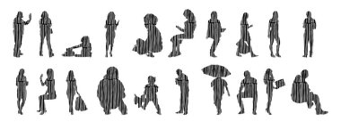 Vektör illüstrasyonu, insanların ana hatları, Contour çizimi, insanların silueti, ikon kümesi izole edilmiş, oturan insanların silueti, mimari set