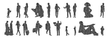 Vektör illüstrasyonu, insanların ana hatları, Contour çizimi, insanların silueti, ikon kümesi izole edilmiş, oturan insanların silueti, mimari set