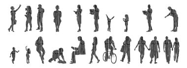 Vektör illüstrasyonu, insanların ana hatları, Contour çizimi, insanların silueti, ikon kümesi izole edilmiş, oturan insanların silueti, mimari set