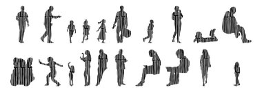 Vektör illüstrasyonu, insanların ana hatları, Contour çizimi, insanların silueti, ikon kümesi izole edilmiş, oturan insanların silueti, mimari set