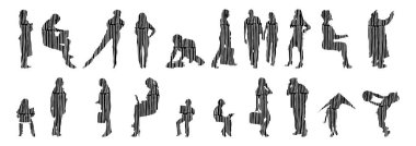 Vektör illüstrasyonu, insanların ana hatları, Contour çizimi, insanların silueti, ikon kümesi izole edilmiş, oturan insanların silueti, mimari set