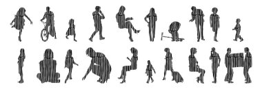 Vektör illüstrasyonu, insanların ana hatları, Contour çizimi, insanların silueti, ikon kümesi izole edilmiş, oturan insanların silueti, mimari set