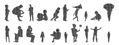 Vektör illüstrasyonu, insanların ana hatları, Contour çizimi, insanların silueti, ikon kümesi izole edilmiş, oturan insanların silueti, mimari set