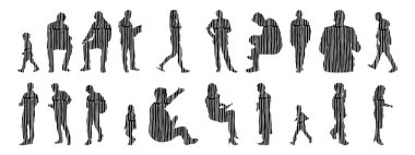 Vektör illüstrasyonu, insanların ana hatları, Contour çizimi, insanların silueti, ikon kümesi izole edilmiş, oturan insanların silueti, mimari set