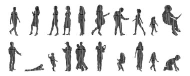 Vektör illüstrasyonu, insanların ana hatları, Contour çizimi, insanların silueti, ikon kümesi izole edilmiş, oturan insanların silueti, mimari set