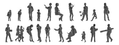 Vektör illüstrasyonu, insanların ana hatları, Contour çizimi, insanların silueti, ikon kümesi izole edilmiş, oturan insanların silueti, mimari set