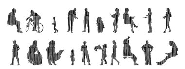 Vektör illüstrasyonu, insanların ana hatları, Contour çizimi, insanların silueti, ikon kümesi izole edilmiş, oturan insanların silueti, mimari set