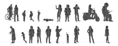 Vektör illüstrasyonu, insanların ana hatları, Contour çizimi, insanların silueti, ikon kümesi izole edilmiş, oturan insanların silueti, mimari set