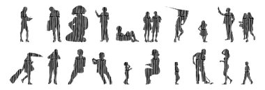 Vektör illüstrasyonu, insanların ana hatları, Contour çizimi, insanların silueti, ikon kümesi izole edilmiş, oturan insanların silueti, mimari set