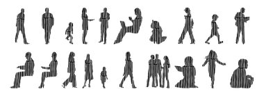 Vektör illüstrasyonu, insanların ana hatları, Contour çizimi, insanların silueti, ikon kümesi izole edilmiş, oturan insanların silueti, mimari set