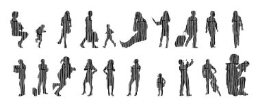 Vektör illüstrasyonu, insanların ana hatları, Contour çizimi, insanların silueti, ikon kümesi izole edilmiş, oturan insanların silueti, mimari set