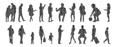 Vektör illüstrasyonu, insanların ana hatları, Contour çizimi, insanların silueti, ikon kümesi izole edilmiş, oturan insanların silueti, mimari set