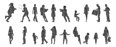 Vektör illüstrasyonu, insanların ana hatları, Contour çizimi, insanların silueti, ikon kümesi izole edilmiş, oturan insanların silueti, mimari set