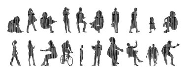 Vektör illüstrasyonu, insanların ana hatları, Contour çizimi, insanların silueti, ikon kümesi izole edilmiş, oturan insanların silueti, mimari set