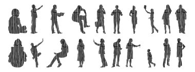 Vektör illüstrasyonu, insanların ana hatları, Contour çizimi, insanların silueti, ikon kümesi izole edilmiş, oturan insanların silueti, mimari set