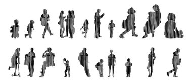 Vektör illüstrasyonu, insanların ana hatları, Contour çizimi, insanların silueti, ikon kümesi izole edilmiş, oturan insanların silueti, mimari set