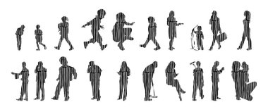 Vektör illüstrasyonu, insanların ana hatları, Contour çizimi, insanların silueti, ikon kümesi izole edilmiş, oturan insanların silueti, mimari set