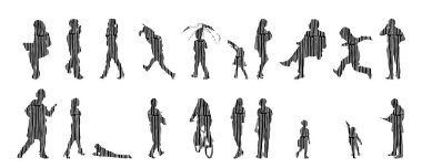 Vektör illüstrasyonu, insanların ana hatları, Contour çizimi, insanların silueti, ikon kümesi izole edilmiş, oturan insanların silueti, mimari set