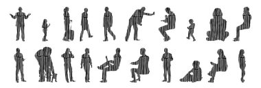 Vektör illüstrasyonu, insanların ana hatları, Contour çizimi, insanların silueti, ikon kümesi izole edilmiş, oturan insanların silueti, mimari set