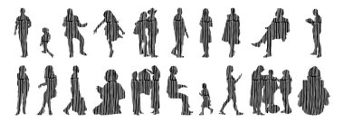 Vektör illüstrasyonu, insanların ana hatları, Contour çizimi, insanların silueti, ikon kümesi izole edilmiş, oturan insanların silueti, mimari set