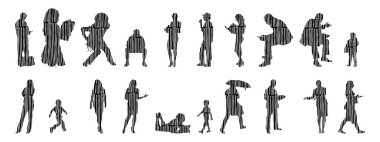 Vektör illüstrasyonu, insanların ana hatları, Contour çizimi, insanların silueti, ikon kümesi izole edilmiş, oturan insanların silueti, mimari set