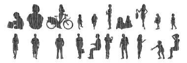 Vektör illüstrasyonu, insanların ana hatları, Contour çizimi, insanların silueti, ikon kümesi izole edilmiş, oturan insanların silueti, mimari set