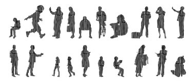 Vektör illüstrasyonu, insanların ana hatları, Contour çizimi, insanların silueti, ikon kümesi izole edilmiş, oturan insanların silueti, mimari set