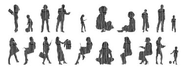 Vektör illüstrasyonu, insanların ana hatları, Contour çizimi, insanların silueti, ikon kümesi izole edilmiş, oturan insanların silueti, mimari set