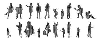 Vektör illüstrasyonu, insanların ana hatları, Contour çizimi, insanların silueti, ikon kümesi izole edilmiş, oturan insanların silueti, mimari set