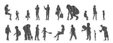 Vektör illüstrasyonu, insanların ana hatları, Contour çizimi, insanların silueti, ikon kümesi izole edilmiş, oturan insanların silueti, mimari set