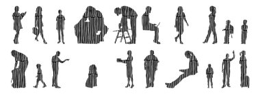 Vektör illüstrasyonu, insanların ana hatları, Contour çizimi, insanların silueti, ikon kümesi izole edilmiş, oturan insanların silueti, mimari set