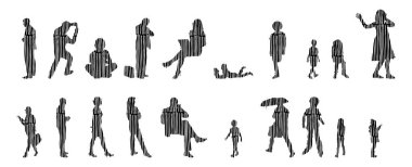 Vektör siluetleri, insanların ana hatları, Contour çizimleri, insanların siluetleri, ikon kümesi izole edilmiş, oturan insanların silueti, mimari set