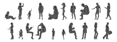 Vektör siluetleri, insanların ana hatları, Contour çizimleri, insanların siluetleri, ikon kümesi izole edilmiş, oturan insanların silueti, mimari set