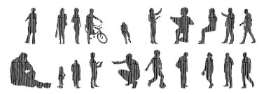 Vektör siluetleri, insanların ana hatları, Contour çizimleri, insanların siluetleri, ikon kümesi izole edilmiş, oturan insanların silueti, mimari set