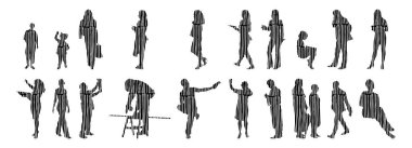 Vektör siluetleri, insanların ana hatları, Contour çizimleri, insanların siluetleri, ikon kümesi izole edilmiş, oturan insanların silueti, mimari set