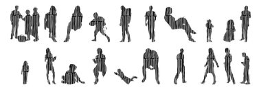 Vektör siluetleri, insanların ana hatları, Contour çizimleri, insanların siluetleri, ikon kümesi izole edilmiş, oturan insanların silueti, mimari set