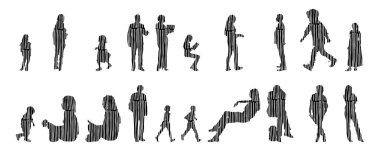 Vektör siluetleri, insanların ana hatları, Contour çizimleri, insanların siluetleri, ikon kümesi izole edilmiş, oturan insanların silueti, mimari set