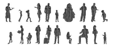 Vektör siluetleri, insanların ana hatları, Contour çizimleri, insanların siluetleri, ikon kümesi izole edilmiş, oturan insanların silueti, mimari set