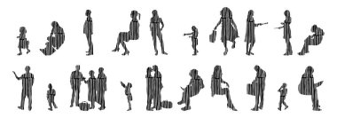 Vektör siluetleri, insanların ana hatları, Contour çizimleri, insanların siluetleri, ikon kümesi izole edilmiş, oturan insanların silueti, mimari set