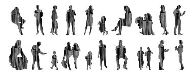 Vektör siluetleri, insanların ana hatları, Contour çizimleri, insanların siluetleri, ikon kümesi izole edilmiş, oturan insanların silueti, mimari set