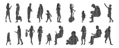 Vektör siluetleri, insanların ana hatları, Contour çizimleri, insanların siluetleri, ikon kümesi izole edilmiş, oturan insanların silueti, mimari set