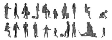 Vektör siluetleri, insanların ana hatları, Contour çizimleri, insanların siluetleri, ikon kümesi izole edilmiş, oturan insanların silueti, mimari set