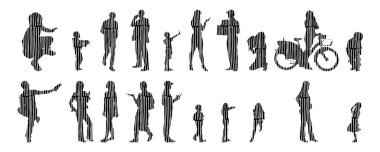 Vektör siluetleri, insanların ana hatları, Contour çizimleri, insanların siluetleri, ikon kümesi izole edilmiş, oturan insanların silueti, mimari set