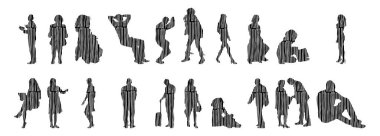 Vektör siluetleri, insanların ana hatları, Contour çizimleri, insanların siluetleri, ikon kümesi izole edilmiş, oturan insanların silueti, mimari set