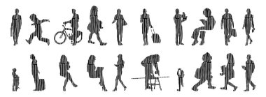 Vektör siluetleri, insanların ana hatları, Contour çizimleri, insanların siluetleri, ikon kümesi izole edilmiş, oturan insanların silueti, mimari set