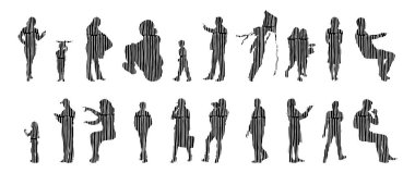 Vektör siluetleri, insanların ana hatları, Contour çizimleri, insanların siluetleri, ikon kümesi izole edilmiş, oturan insanların silueti, mimari set